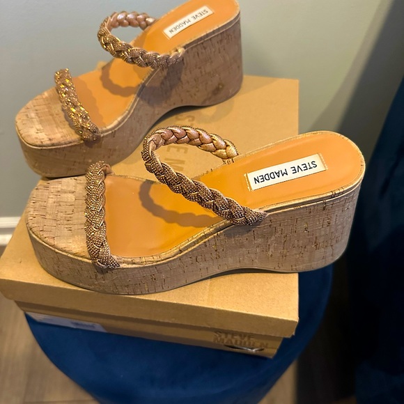Steve Madden Danya Cork Wedge Sandals Bronze Rhinestone Braided Straps - Picture 5 of 11